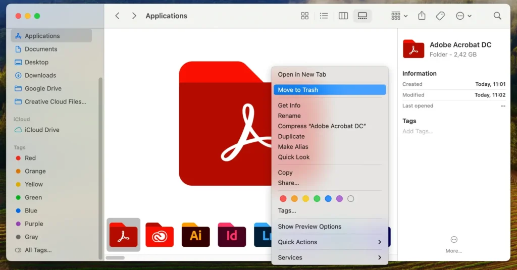 remove acrobat reader from applications folder
