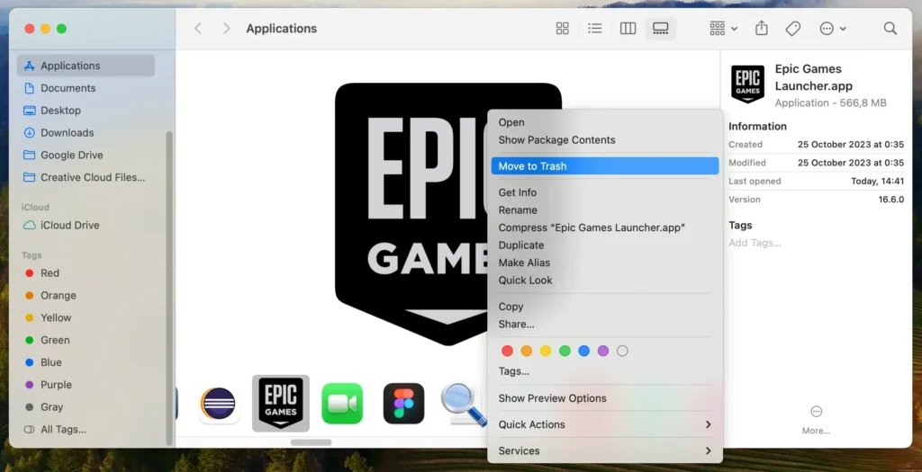 remove epic games launcher from applications folder