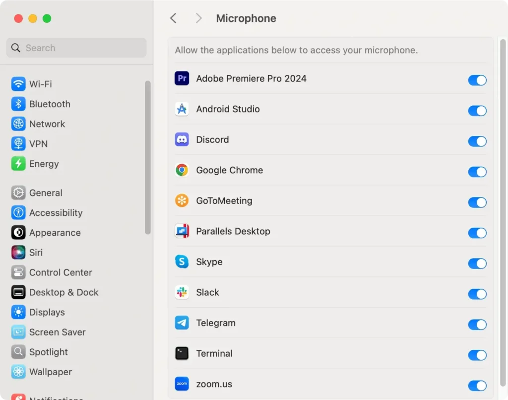 apps that requested microphone access in system preferences