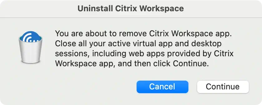 citrix workspace uninstaller confirmation dialog