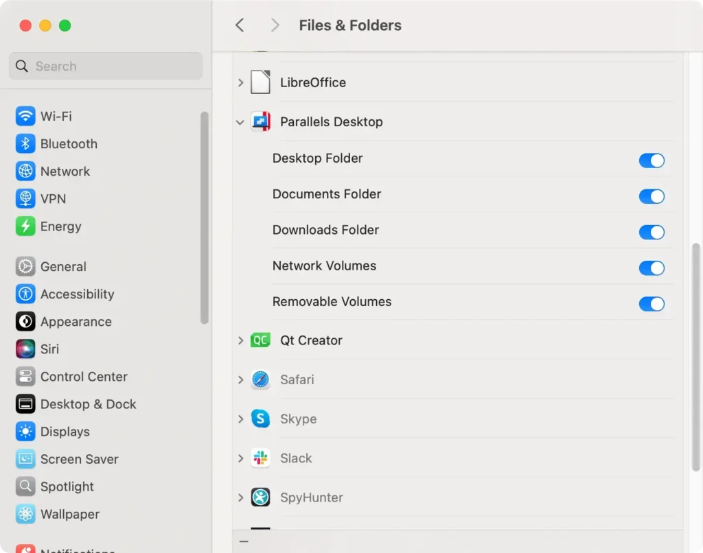 files and folders in system settings