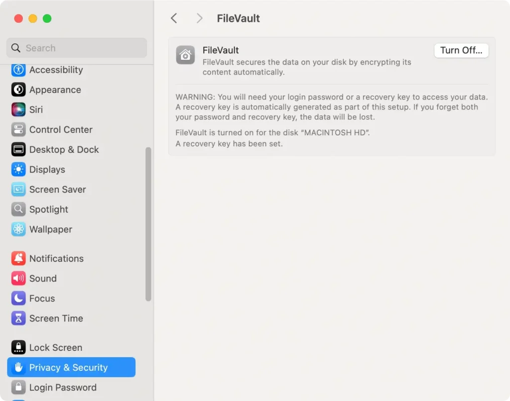 filevault settings