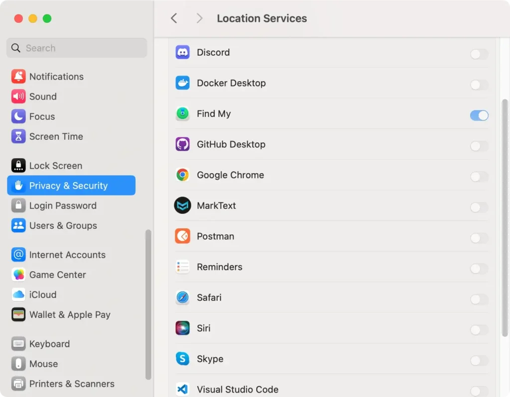 location services in system preferences