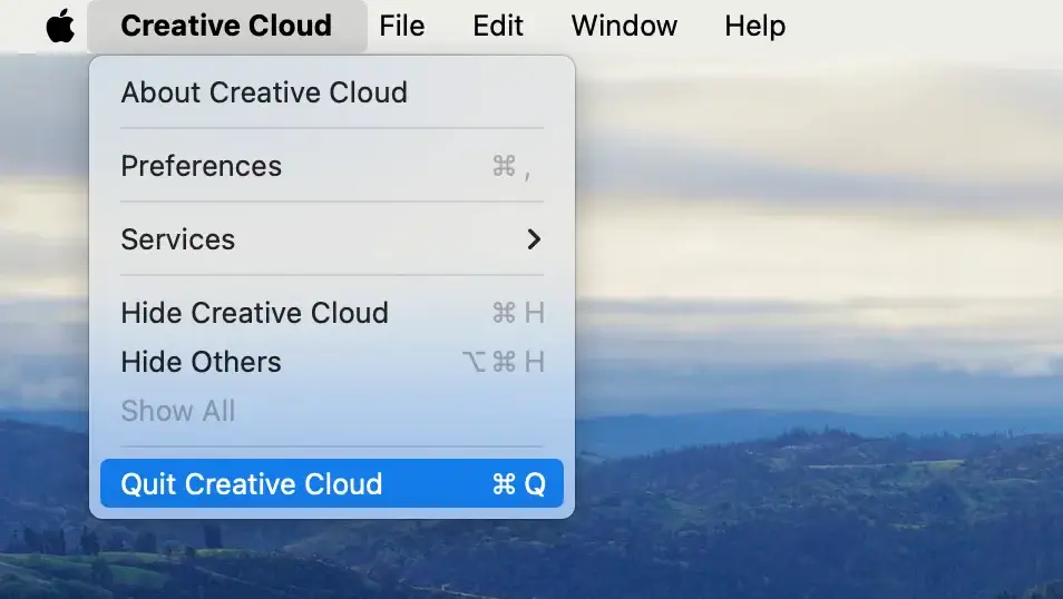 quit creative cloud from menu