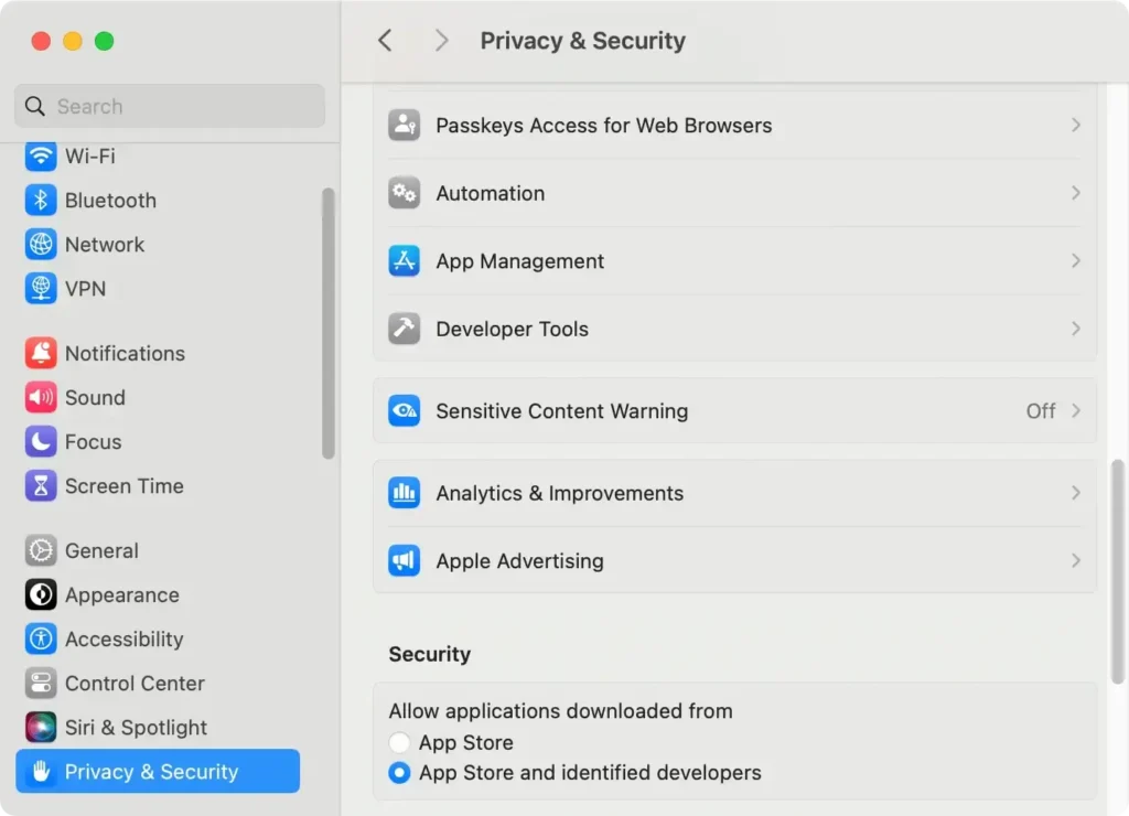 security settings identified developer radio button