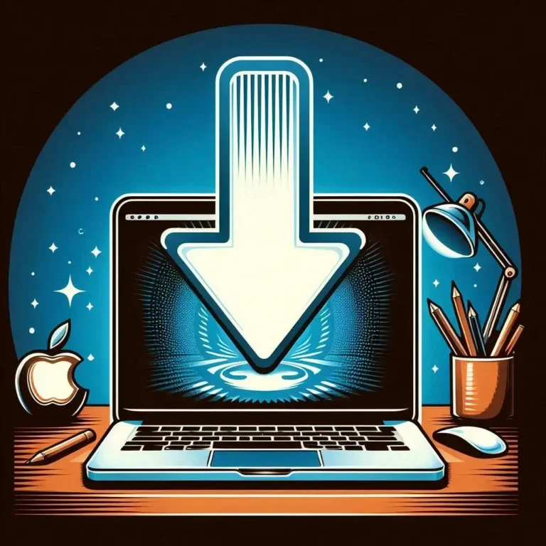 an illustrative image with a DOWN arrow that represents downgrading macOS on a Mac computer