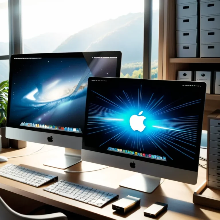 there are two computer monitors on a desk with a keyboard and mouse